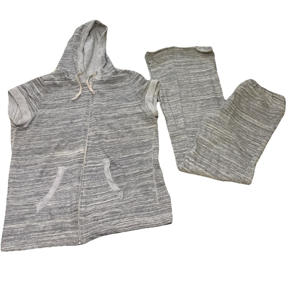 Elan Cotton Blend Heather Grey Short Sleeve Sweat SET Wide Bottom Hem Size L
